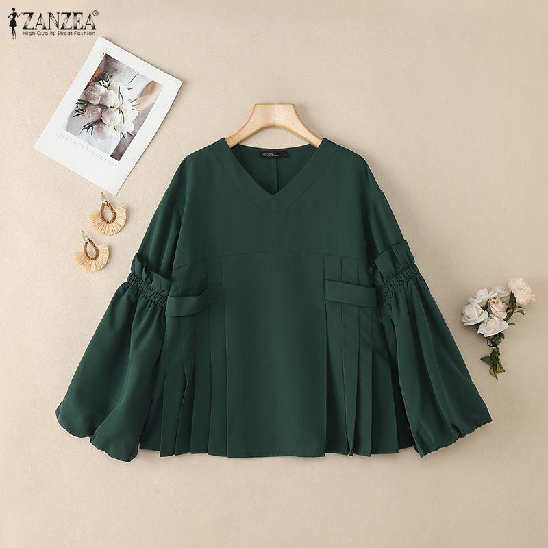 ZANZEA Women Casual V-Neck Puff Long Sleeve Loose Blouse