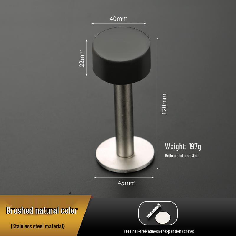 Non-Punch Thickened Stainless Steel Glass Door Stop with Rubber Top - Anti-Collision Limiter for Bathroom or Hotel Entrances