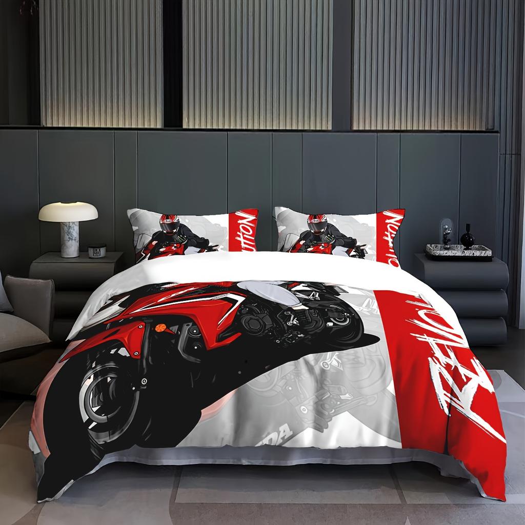 Extreme Sports Theme Colorful Graffiti Motorcycle Duvet Set Soft Bedding Set Three-Piece Set