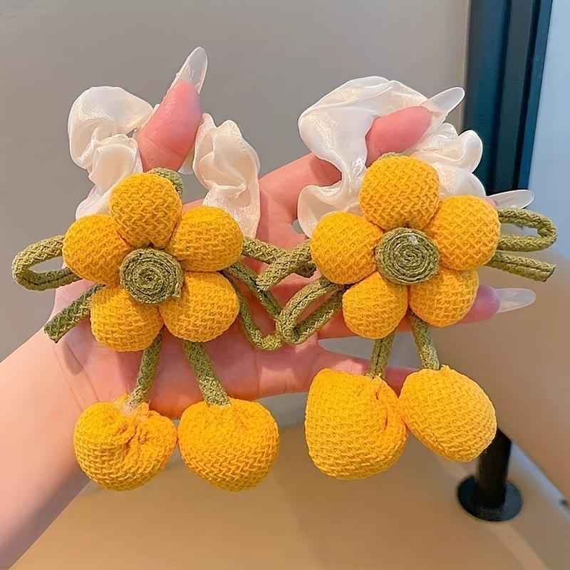 

2Pcs Knitted Large Flower Hair Rope Girl Ball Head Large Intestine Hair Band High Elastic Ponytail Head Rope жёлтый