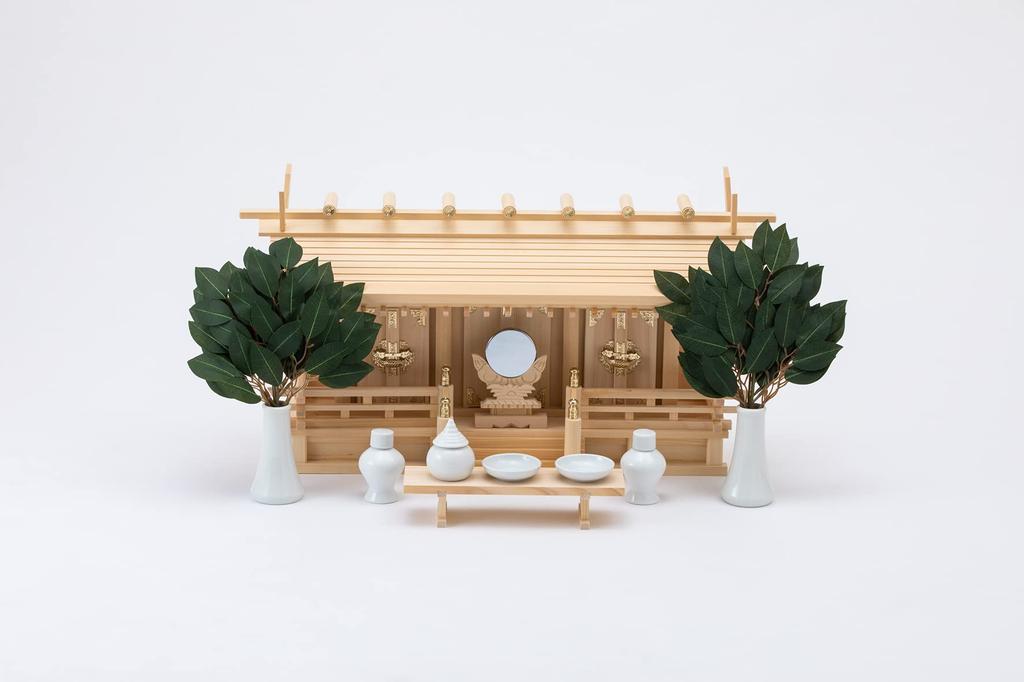 Kamidana no Sato Shinto Shrine Set with Low Floor and Through Roof, Three Shrines, and Tsukiyomi Design (Made of Kiso Hinoki Cypress)