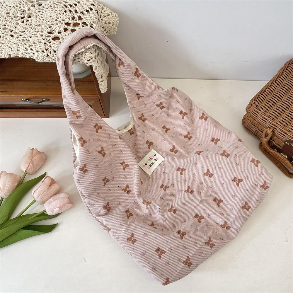 Corduroy Printed Bear Canvas Bag Shoulder Bag Commuter Large Capacity Vest Bag