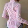 Autumn Temperament Striped Waist Long-sleeved Shirt Lace-up Shirt for Women