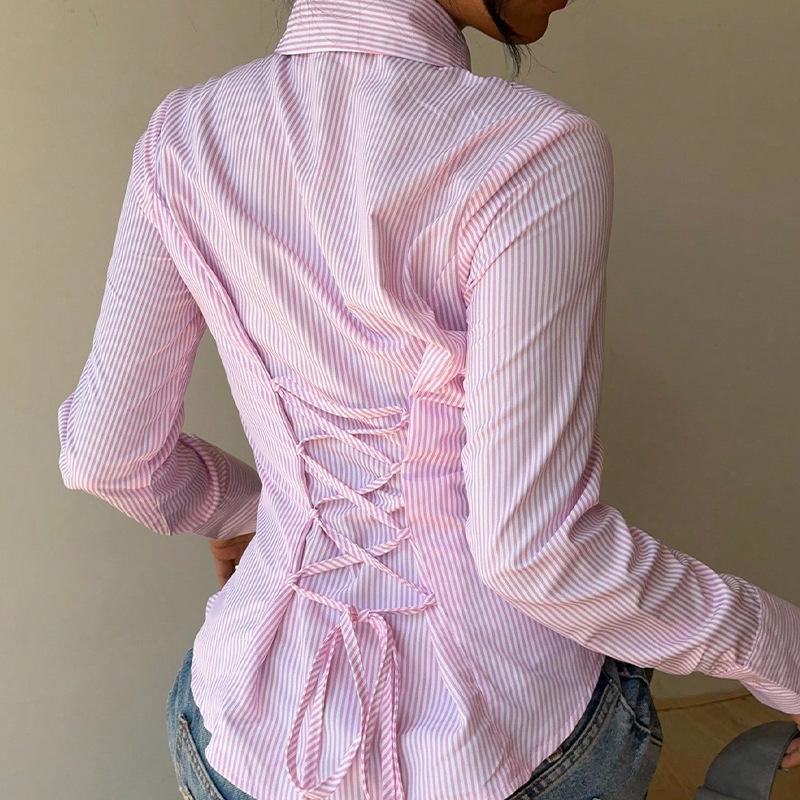 Autumn Temperament Striped Waist Long-sleeved Shirt Lace-up Shirt for Women