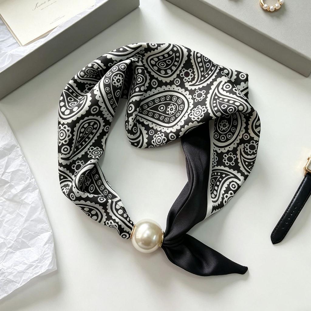 Blue Prints Elegant Pearl Tail Magnetic Clasp Scarf Summer New Versatile Breathable Fashion Artistic Accessory Neck Wrap Scarves