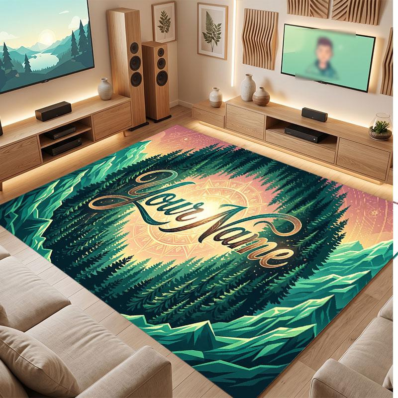 Mushroom Forest Theme Crystal Velvet Floor Rug Personalized Custom Name Text Warm Carpet Home Decoration