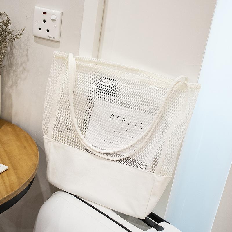 Women's Mesh Hollow Out Sandy Beach Package Large Capacity Shoping Shoulder Bag Canvas Female Tote Bags