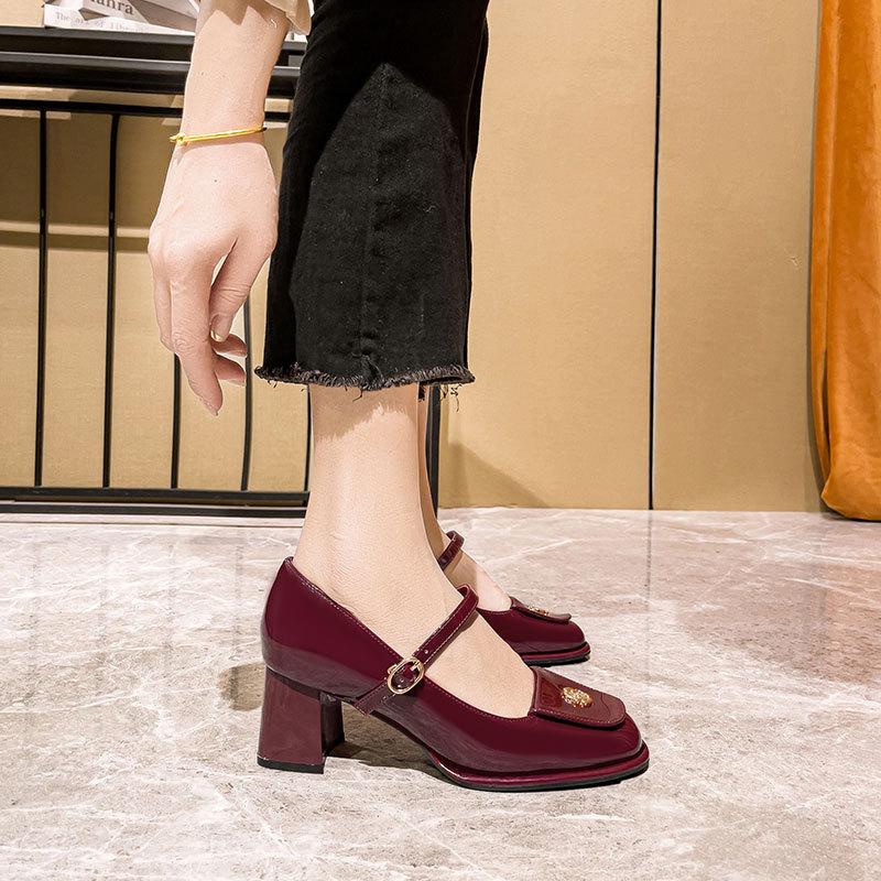 Mary Jane Shoes Women's Word with High Heels Thick Heel 2025 New Spring and Autumn Light Mouth Burgundy Single Shoes Women's Middle Heel