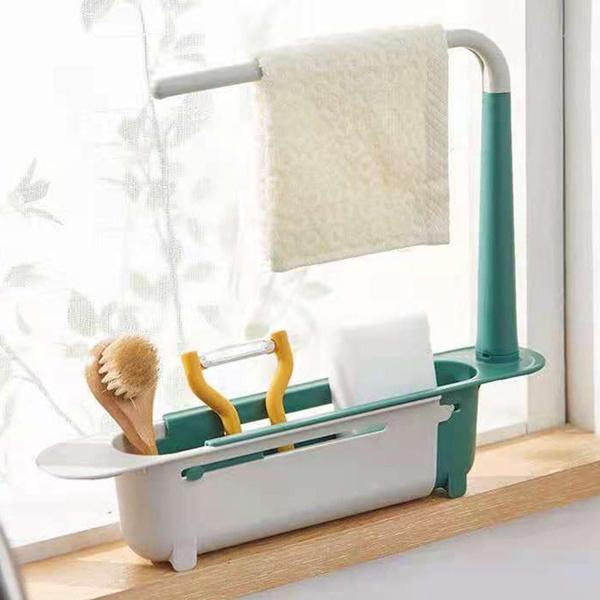 Organizator telescopic de bucătărie peste chiuvetă cu cuier pentru prosoape, coș de scurgere subțire extensibil pentru baie de acasă