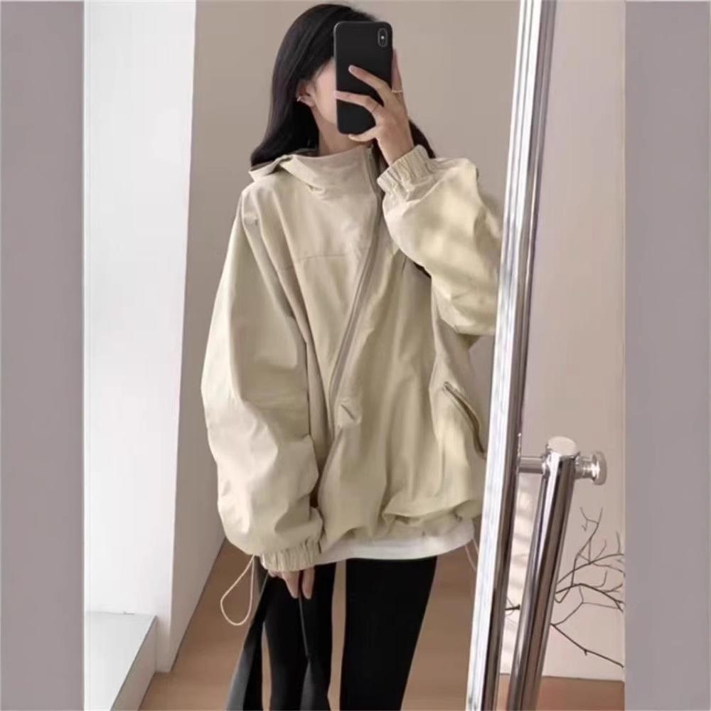 

Personalized trench coat women s Korean version of the new thin jacket jacket loose hooded tooling clothes XXL абрикосовий