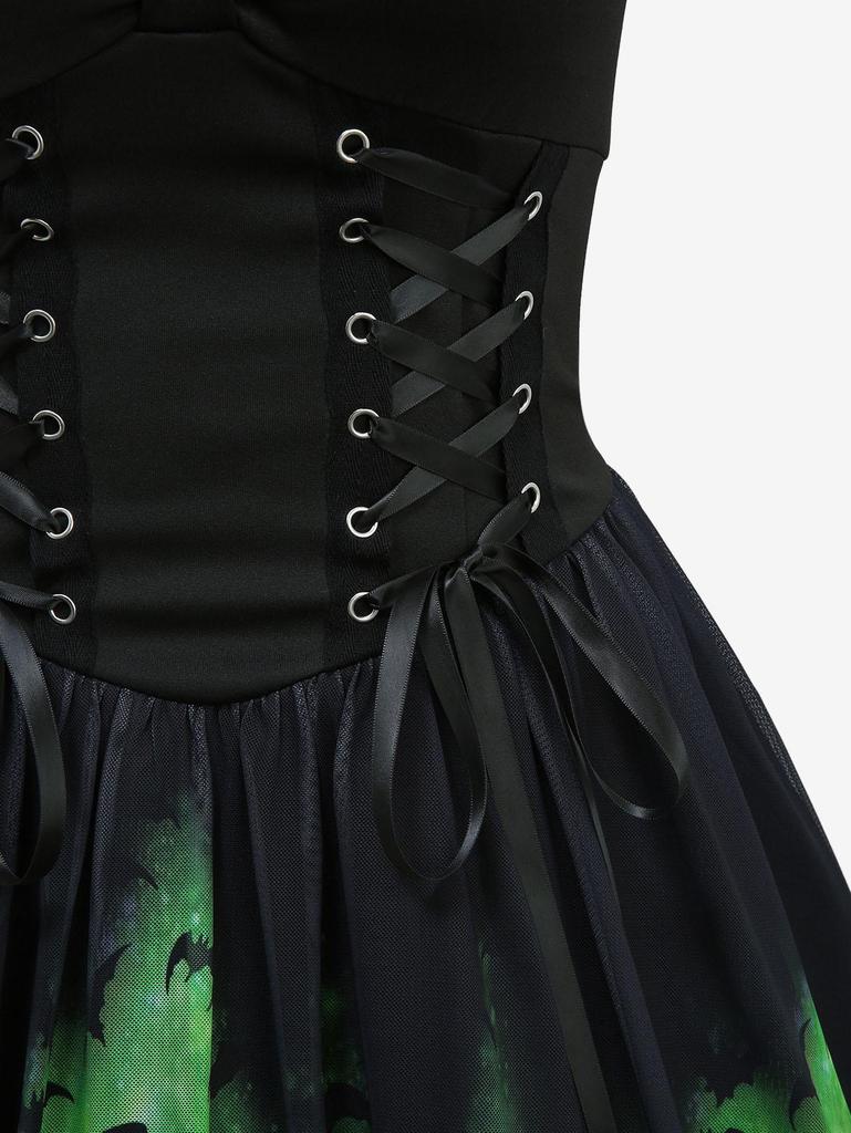 Rosegal Gothic Tie Dye Ombre Bat Printed Mesh Lace Up Cross Ruched A Line Tank Dress