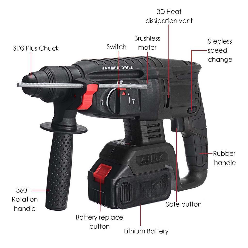 50-60Hz 19800mAh Rechargeable Multifunction Electric Hammer Impact Power Drill Tool with Battery Brushless Electric Rotary Hammer