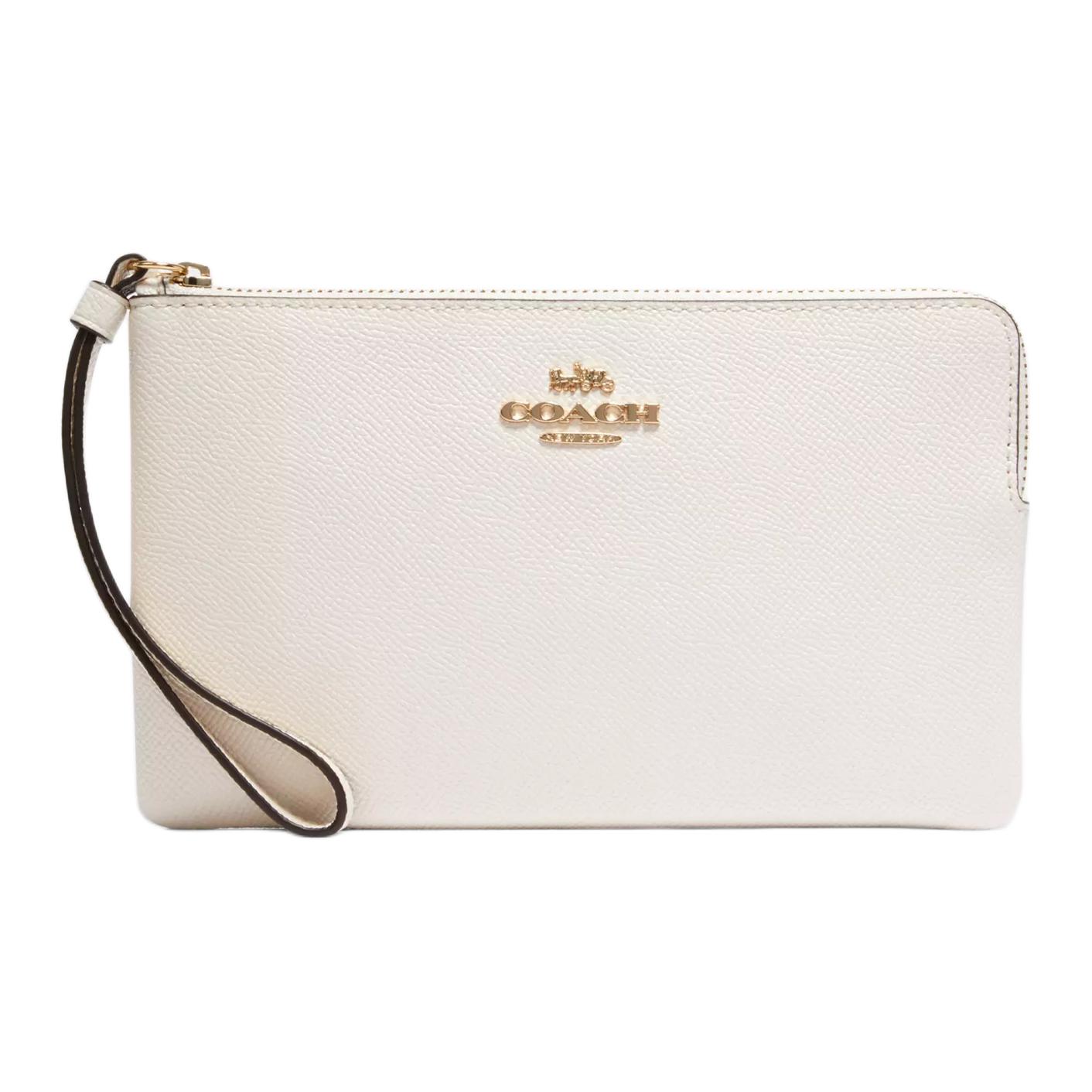 Coach Corner Zip 20 Metal Logo Zip Closure Crossgrain Leather Clutch Women clutch Gold Chalk-White CV395-IMCHK Basic Set (Bag+Dust Bag)
