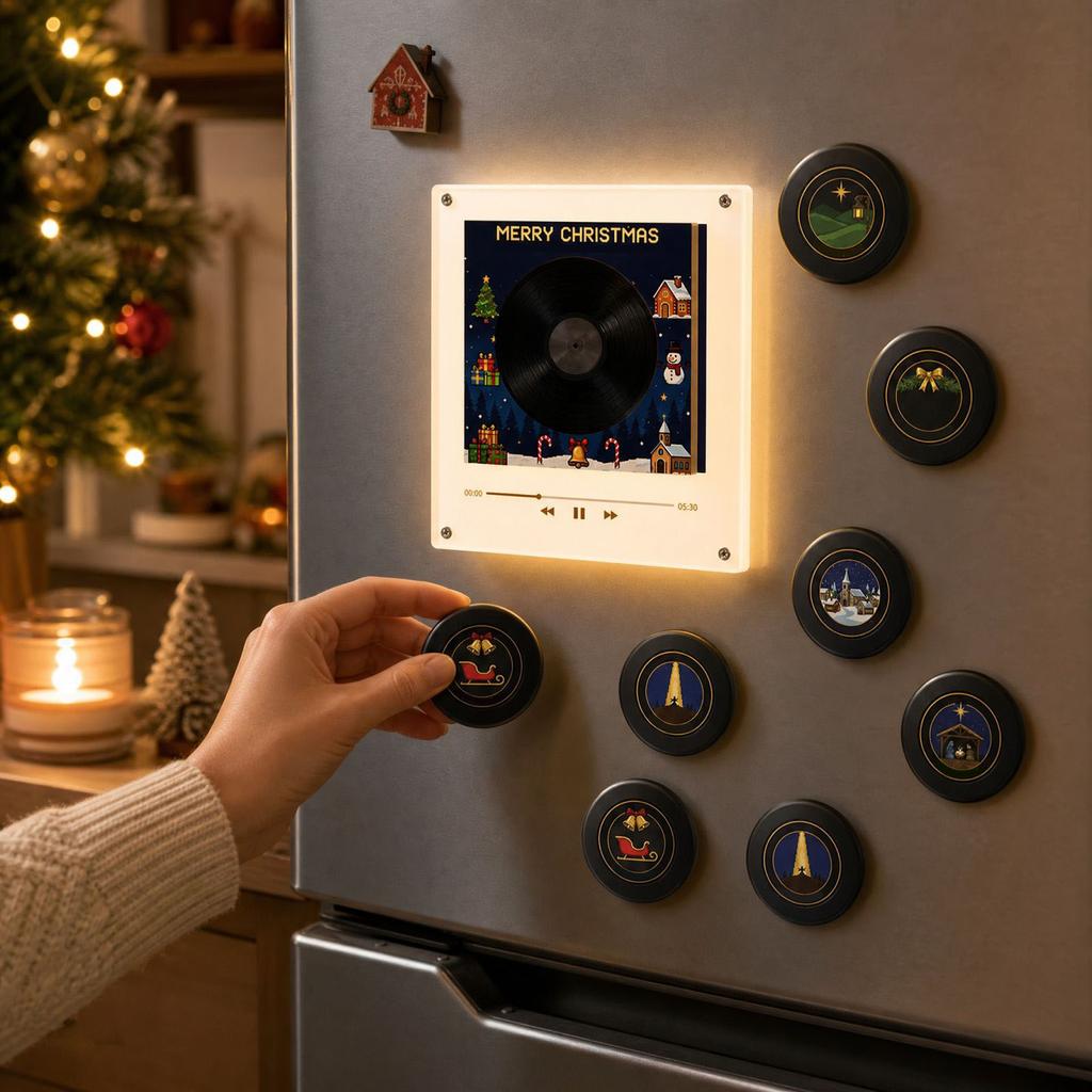 Christmas Rotating Disc Night Light with -Activated Music, Acrylic Refrigerator Ornament for Holiday Decor