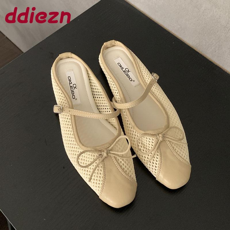 Fashion Female Slip On Footwear Ladies Flats Mary Janes Shoes Mesh Breathable Fashion Butterfly-Knot Women Flats Shoes Slides Mules