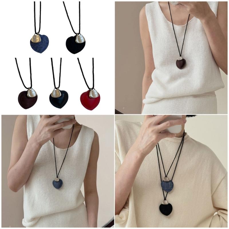 Retro Style Natural Fiber Cord Heart Charm Necklace Sophisticated Twine Chain Feminine Sweater Chain Accessory