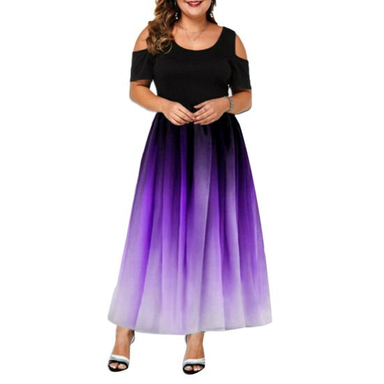 Plus Size Women O Neck Cold Shoulder Gradient Print Waist Tight Long Party Dress