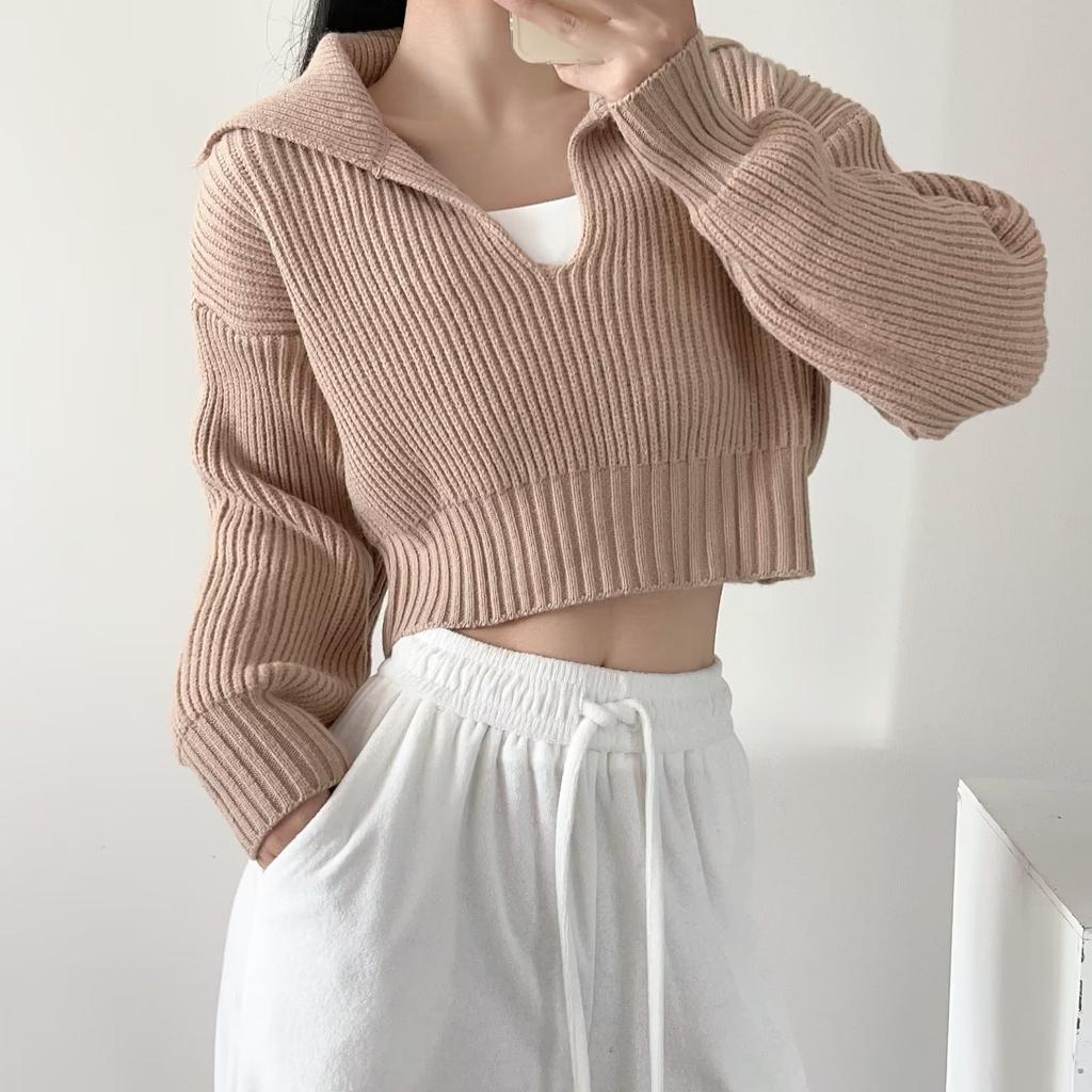 Spring and Autumn Four-color Loose Large Lapel Peplum Knit Sweater Women Fashion Loose Short Sweater Sweater Sweater Comfortable and Versatile