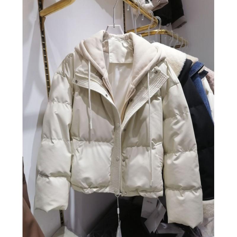 Women's Winter Korean-Style Down-Filled Cotton Jacket with PU Waterproofing, Thickened Hooded Jacket with A Two-Piece Design