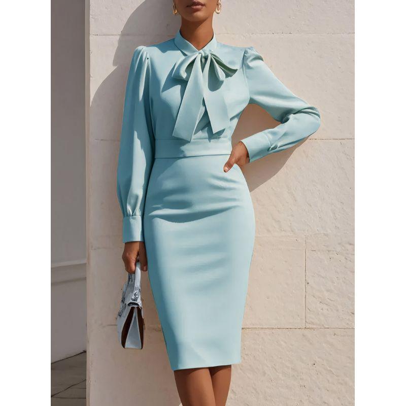 

Autumn Fashion Temperament Solid Waist Hugging Knot Dress Mid-Length High-Grade Young Style Waist Hugging Mid-Length Skirt Women clothes Blue XXL