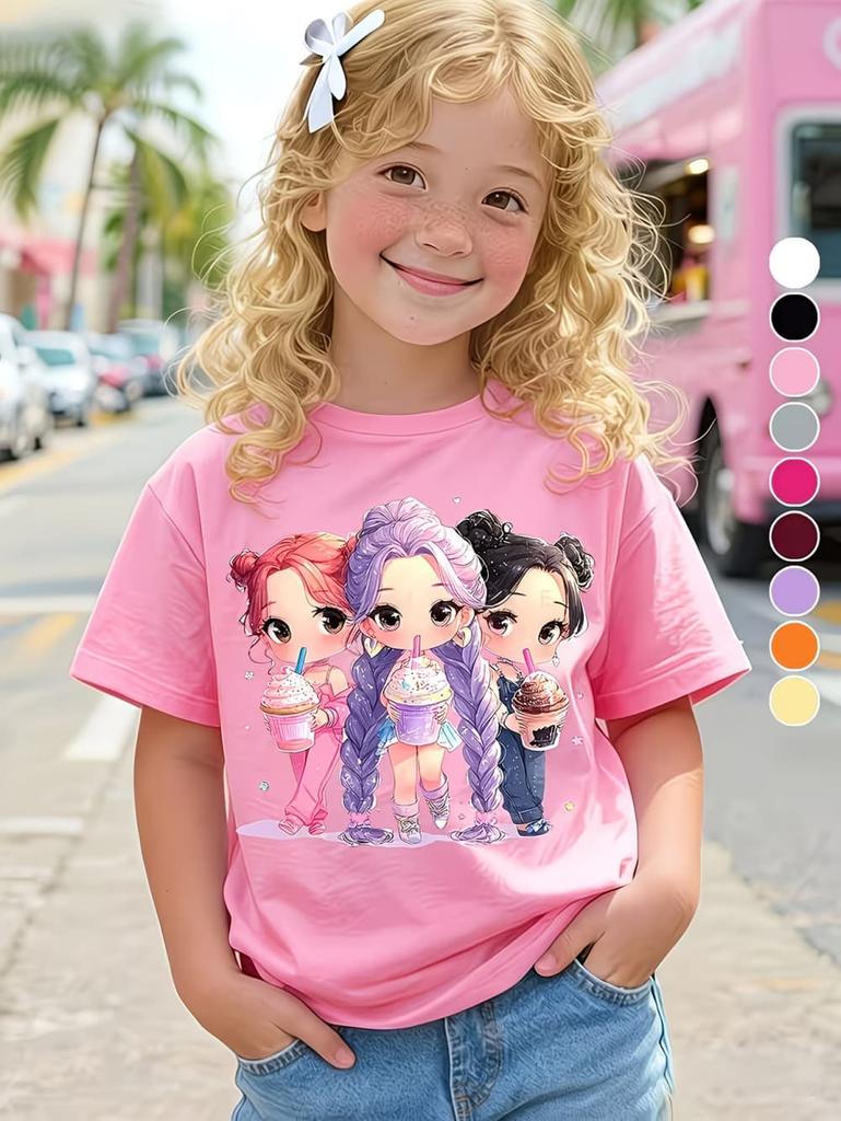 Summer Kpop Popular Cartoon Print Children's Design Casual Harajuku Style Round Neck Short Sleeved Top Fans Gifts Kids Clothes