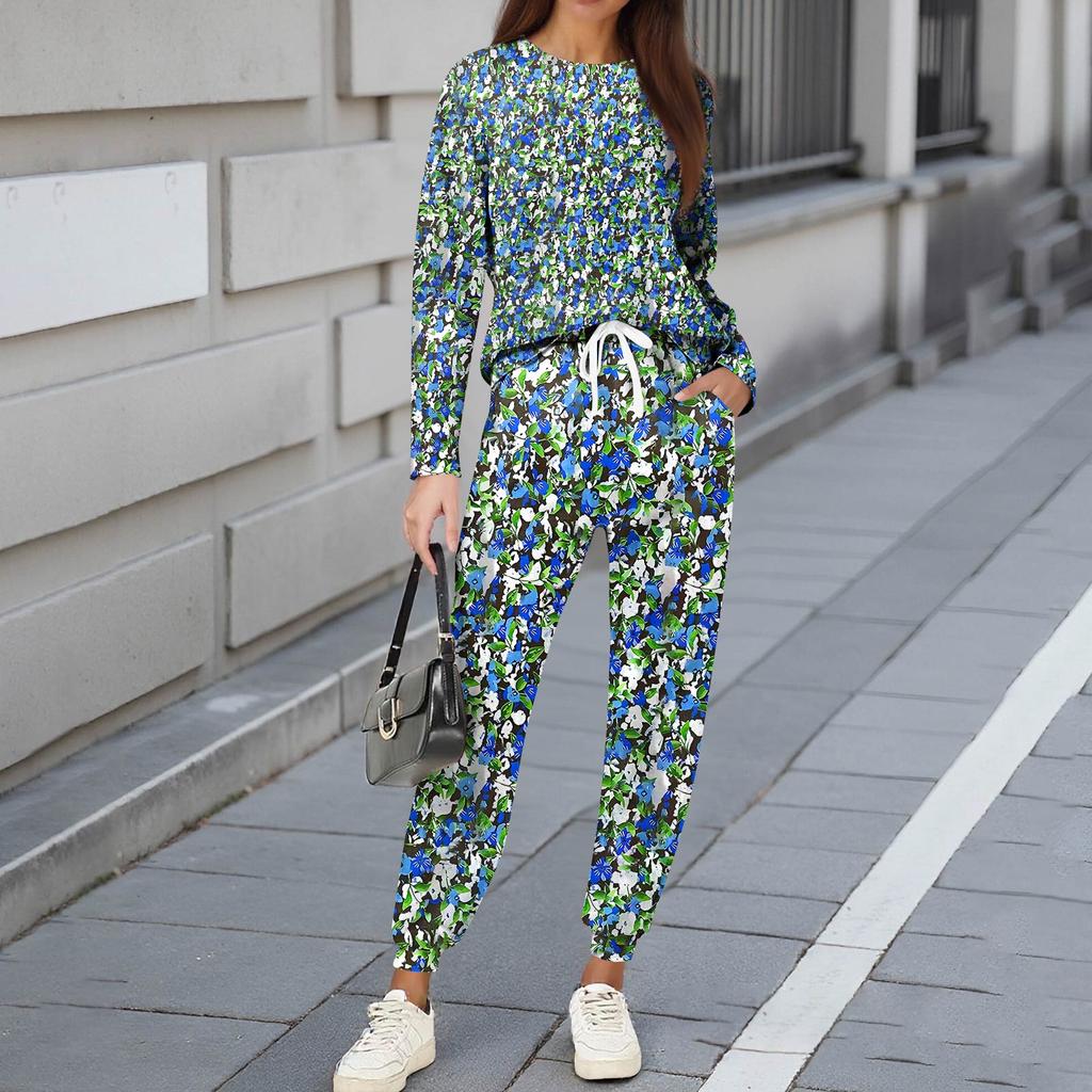 Sets für Damen 2-teilig Rundhals Langarmshirts Bedruckte Jogginghosen Taschensets