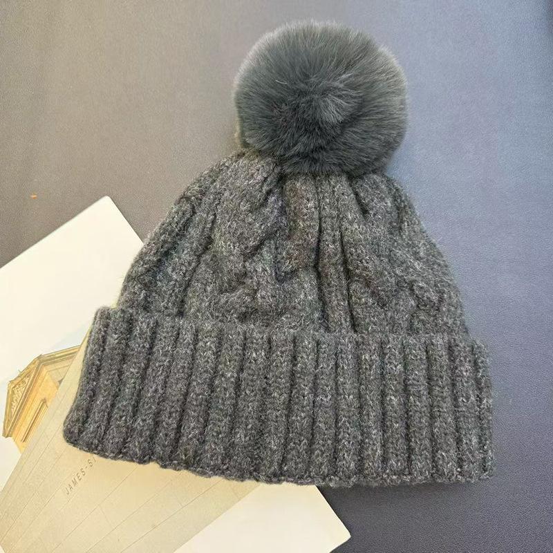 Twist Knitted Double-layer Wool Hat Autumn and Winter Twist Hairball Wool Hat Women's Thickened Cold Hat Warm Knitted Hat