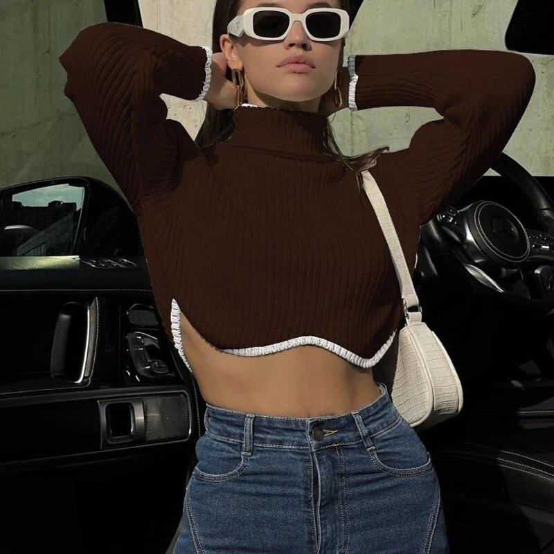 Fashion Turtleneck Irregular Hem Women Short Sweater Autumn Winter Long Sleeve Knitted Pullover Tops Elegant Sueter Mujer 30568