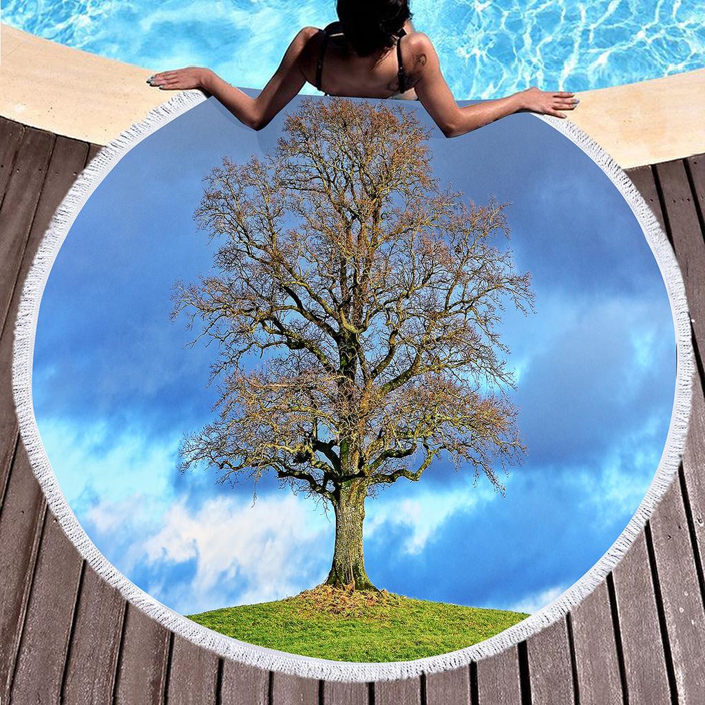 Big Tree Print Round Beach Towels, Polyester Sand Resistant Shawl Beach Blanket,Soft Absorbent Quick Dry Pool Towel Picnic Mat