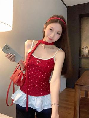 Korean Sweet & Spicy Polka Dot Red Camisole - Slimming & Versatile Summer 2026 Women's Top