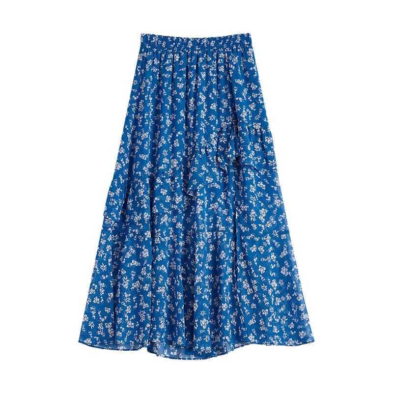 French Retro Irregular Ruffle Hem Floral Long Skirt