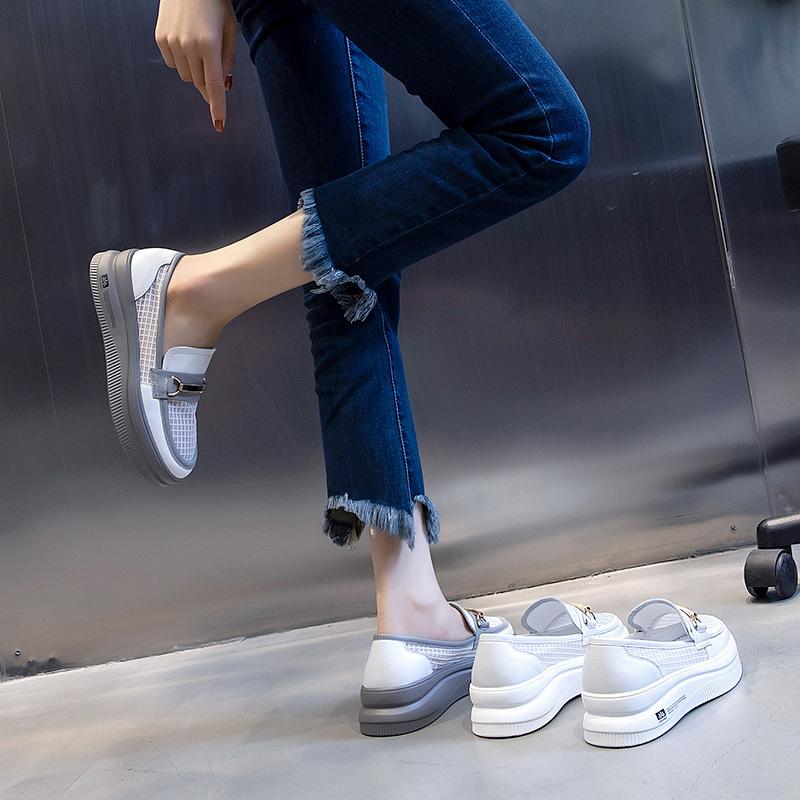 Leder kleine weiße Schuhe Damen 2025 Sommer neu dicksohlige erhöhende Einschlupf-Freizeiteinzel Schuhe Damen Mesh atmungsaktive Damenschuhe
