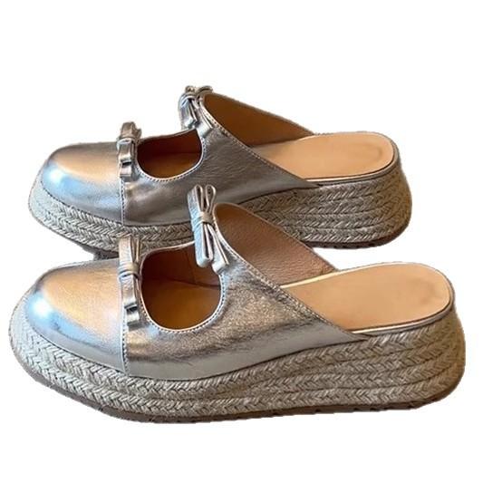 Soft Leather Version~ Thick-soled Straw Woven Bag Head Bow Sandals Women's Round Head Shallow Mouth Word with Muffin Low Half-drag Sandals