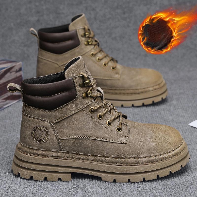 Fashion Outdoor Leather Mens Slip on Boots Platform Shoes Luxury Brand Men Winter Snow Boots Fashion All-match Men Motocross Boots