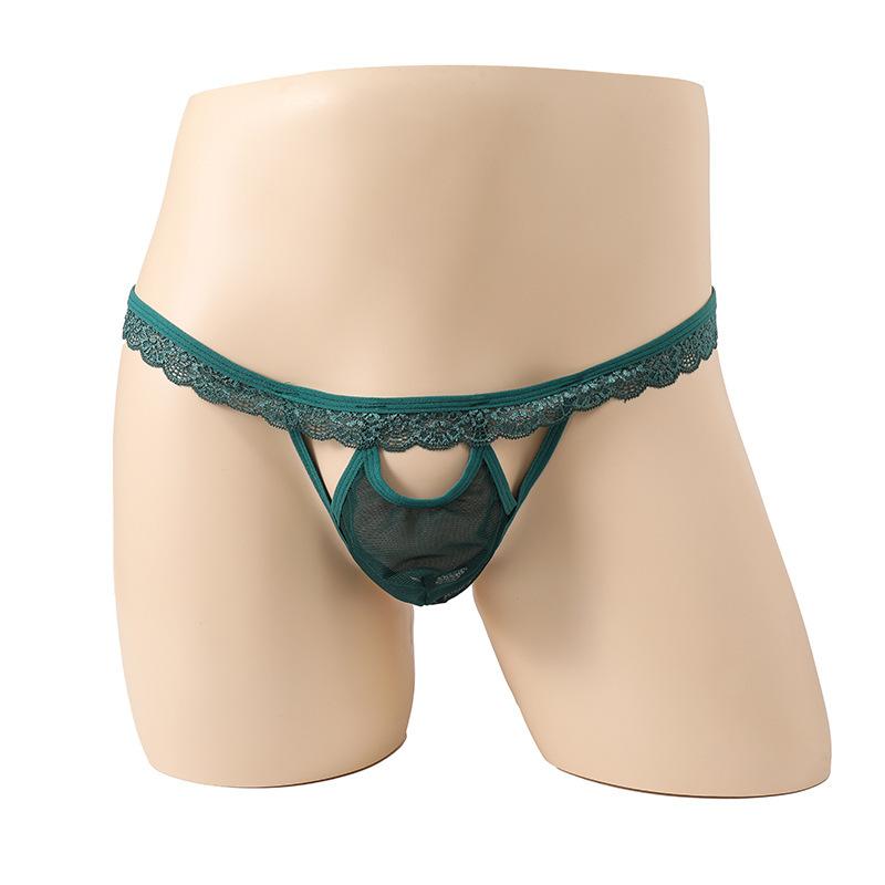 Men'S Sexy Low Rise T-Back Thong G-String Hollow Out Bulge Pouch Panties Lace Trim Belt Sissy Lingerie Naughty Male Nightwear