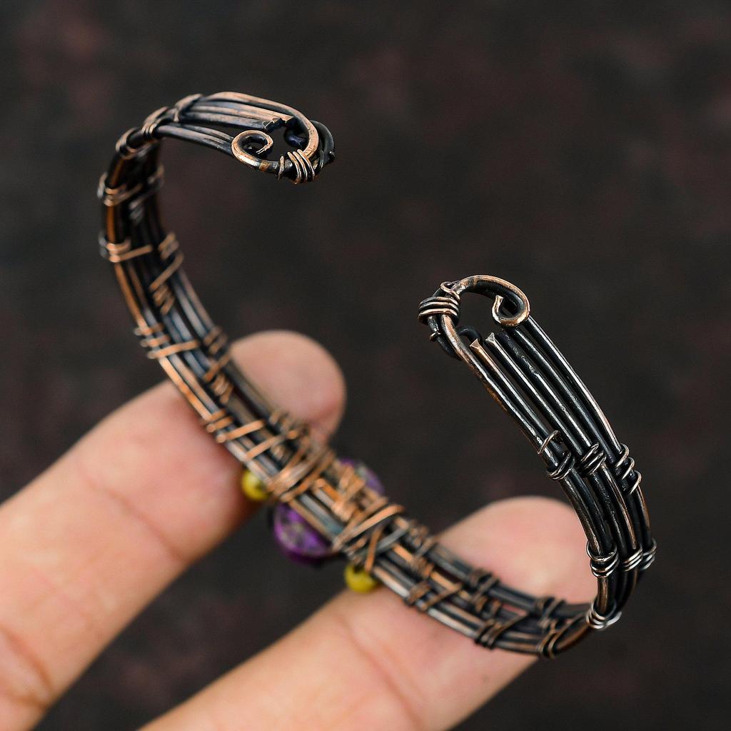 Copper Purple Turquoise Bangle Yellow Coral & Lapis Lazuli Beads Cuff Copper Wire Wrapped Jewelry Adjustable Bracelet Gemstone Handmade Cuff