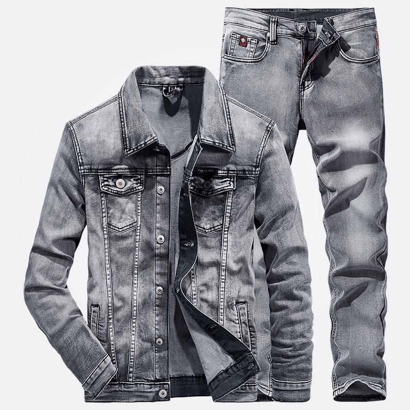 Men's Slim Fit Denim Suit - New Korean Style Jacket & Pants Set for Spring/Autumn