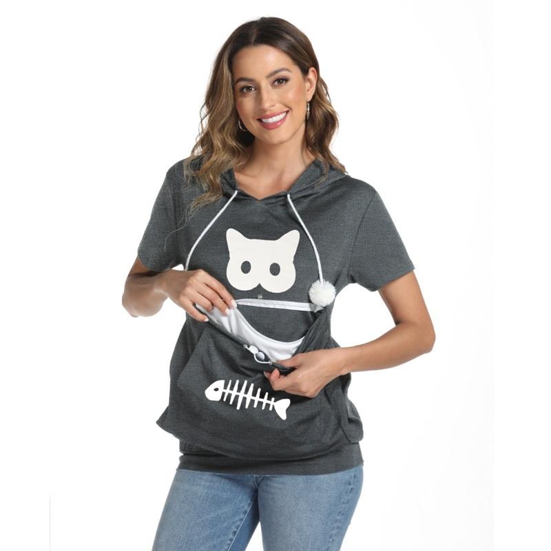 

Women s Cartoon Animal Pattern Printed Short-sleeved Summer Casual Hooded T-shirt M темно-сірий