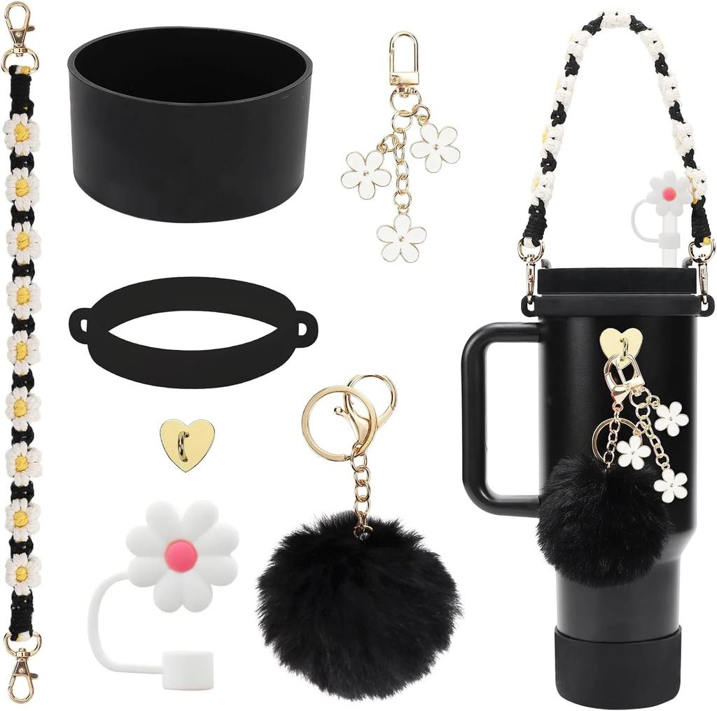 Set di 7/8 Pezzi di Accessori per Tazze per Stanley Cup Inclusi Manico Cinturino Base in Silicone per Tazza Copri Cannuccia Ciondoli per Bicchiere da 40oz 30oz