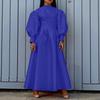 Elegant Women Stand Neck Puff Long Sleeve Casual Long Maxi Swing Dress