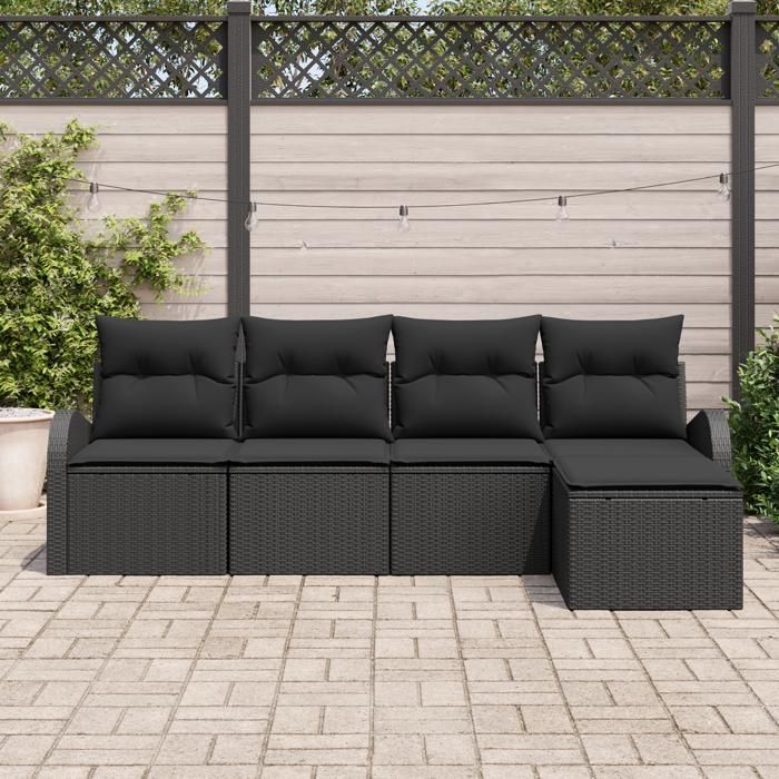 VidaXL Ensemble de canapé de jardin 5 pièces avec coussins Noir Poly Rattan 3346003