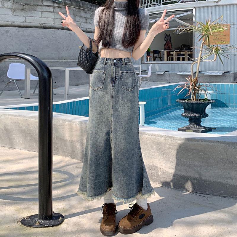 Женская винтажная джинсовая юбка-рыбка с бахромой - Летняя, средней длины, А-силуэта, облегающая бедра Extra Large