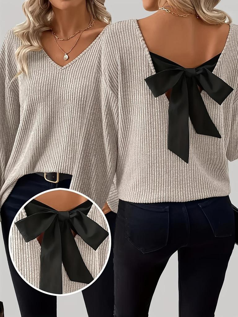 New Autumn Women's V-Neck Solid Sweater with Long Sleeves and Loose Bow Detail