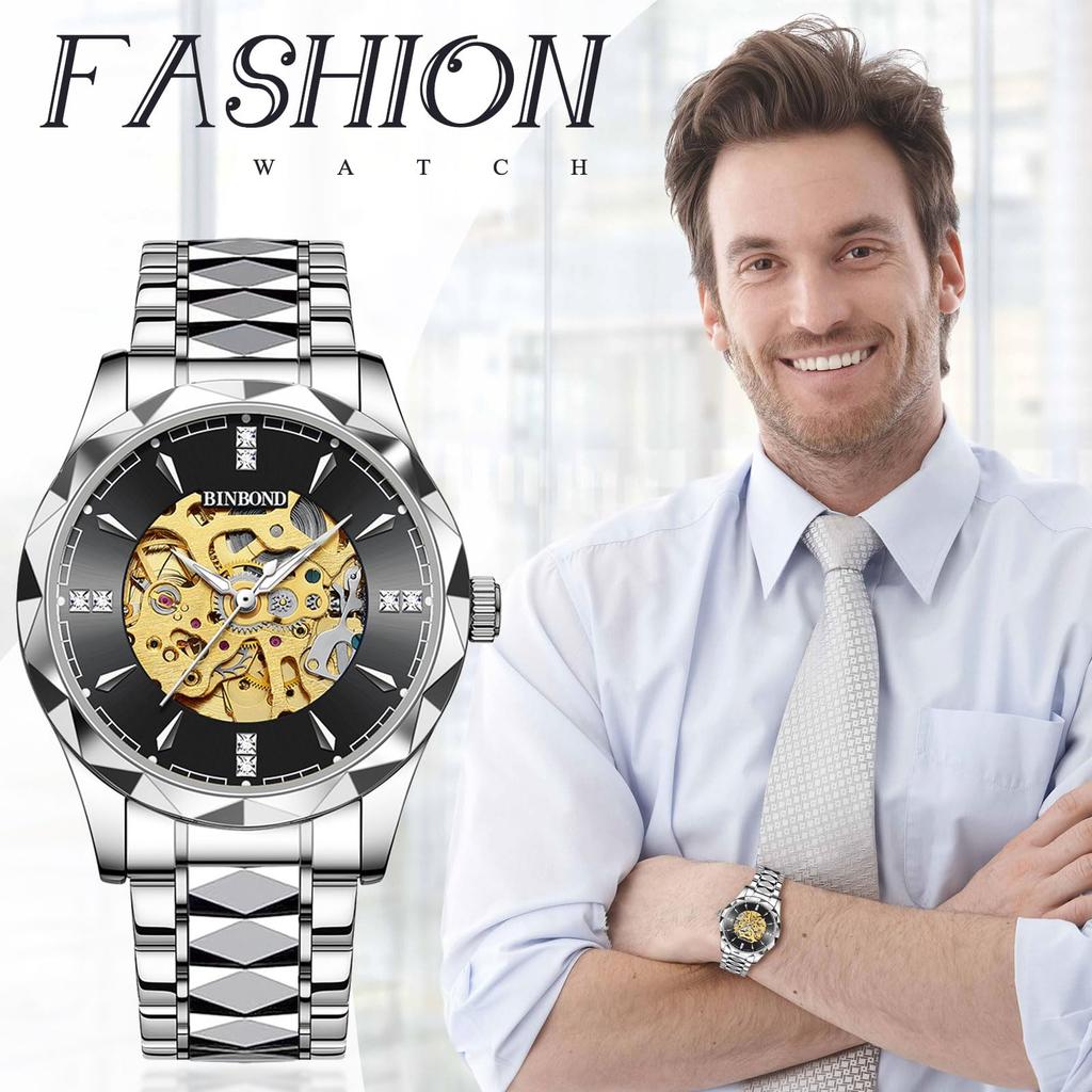 Men's Automatic Skeleton Watch 3ATM Waterproof Luminous Analog Stainless Steel Simple Stylish Casual Business Fashion Accessory - Birthday