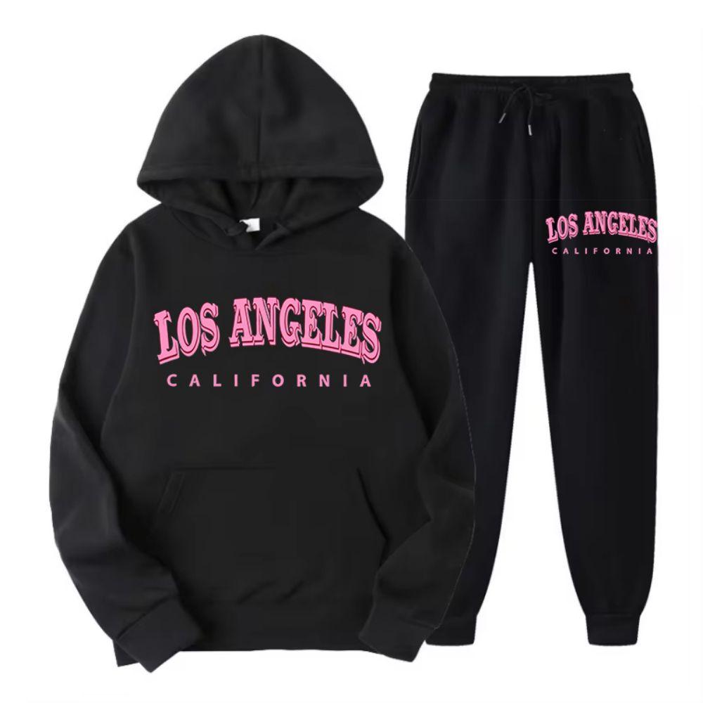 Two Piece Set Street Womens Hoodie & Pants Fleece Pocket Loose Pullover Los Angeles California Print Clothes