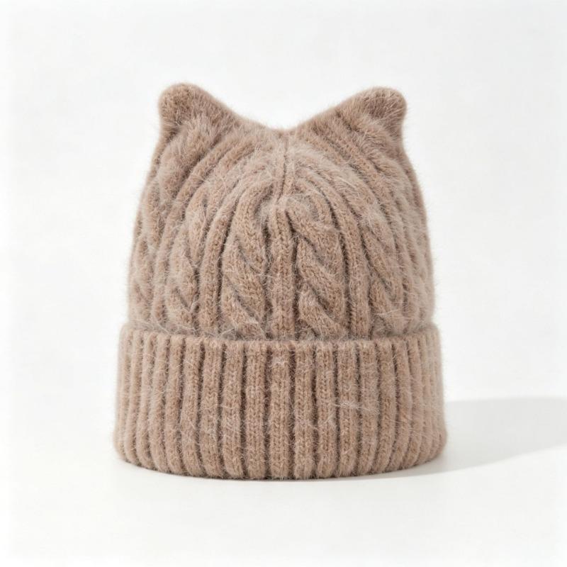 Women S Cat Ear Knit Beanie Warm Soft Twisted Wool Hat Cute Casual