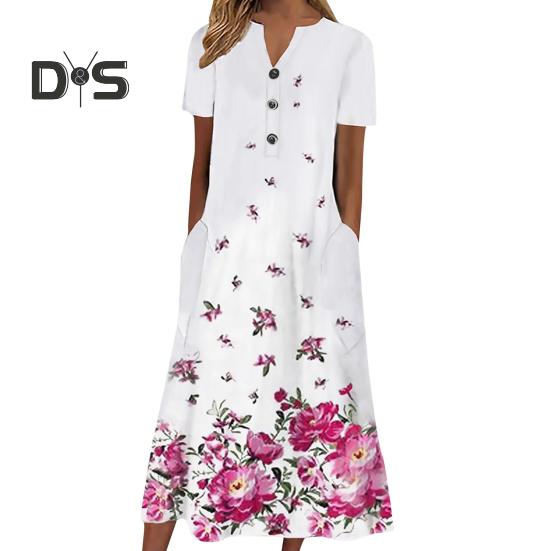 

Длинное платье-футболка А-силуэта для женщин, застегивающееся на пуговицы, с V-образным вырезом и коротким рукавом, летнее повседневное пляжное платье-сарафан с принтом XL A