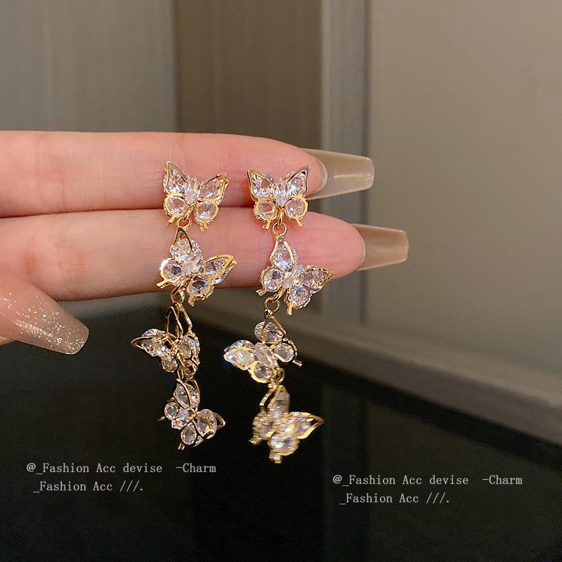 Silver Needle Zircon Butterfly Tassel Earrings - Creative Fashion Dangle with Light Luxury Ins Style