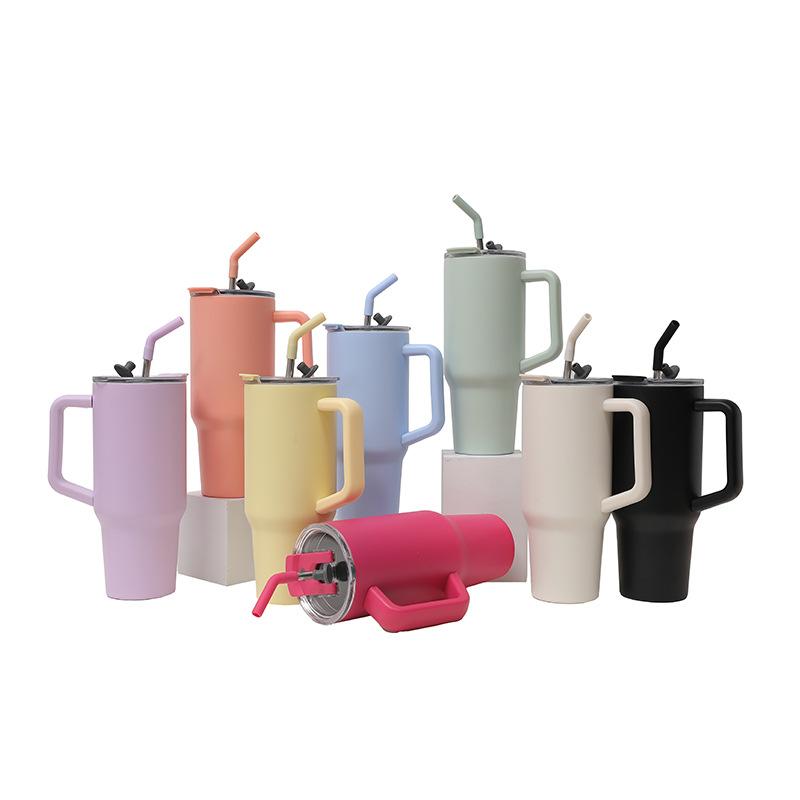 Stainless Steel Handle Car Cup Double Drink Large Capacity Straw Cup Household Solid Color Light Luxury Thermos Cup