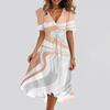 Women's Summer Texture Printed Casual Wrap V Neck Ruffled Hood Short Sleeves Belt A-Line Ruffle Hem Midi Sundress